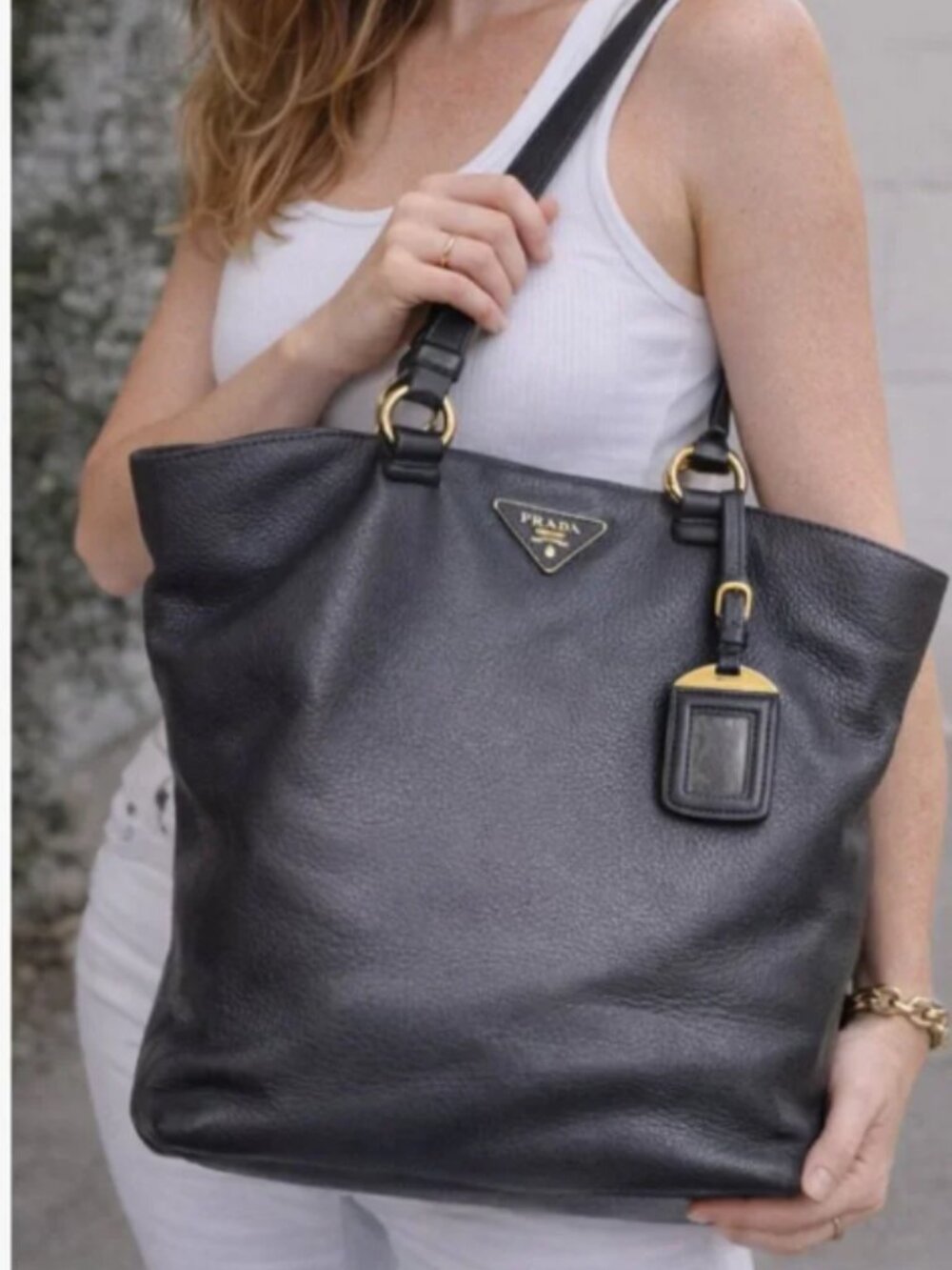 Prada Black Pebbled Leather Large Tote Bag Gold Hardware Shoulder Strap - Picture 2 of 13